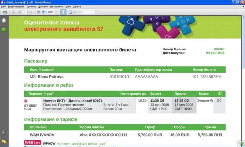Designazione fiscale su un biglietto della compagnia aerea Yamal